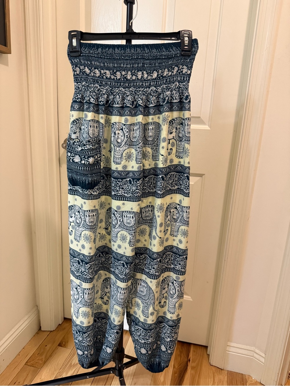 Boho Smocked-Waist Elephant Print Harem Pants - Blue Cream
